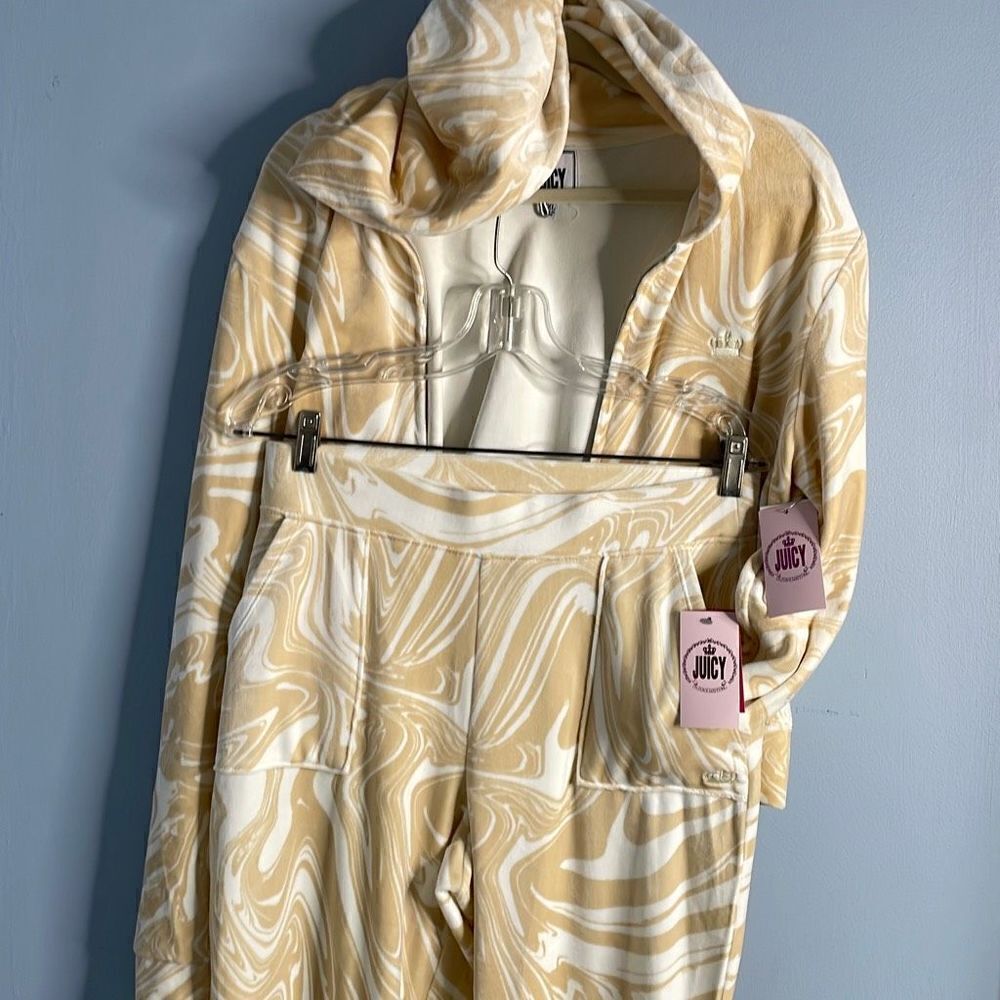 Juicy Couture Beachwood Swirl Micro Sherpa Lined Sweatsuit Sweatpants Medium Hoo
